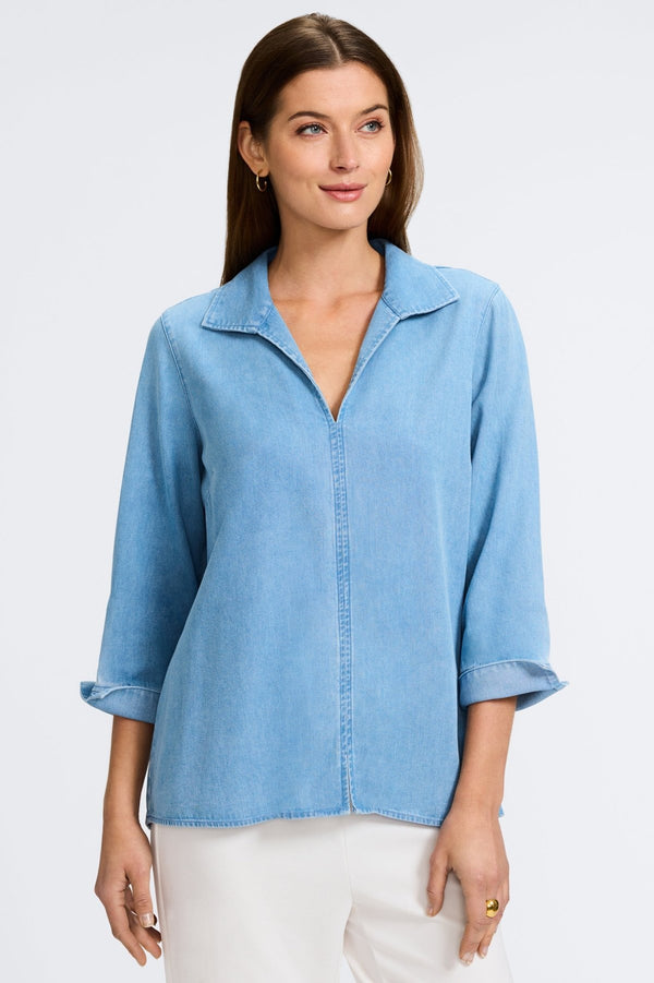Foxcroft Agnes Tencel® Denim 3/4 Sleeve Popover Shirt