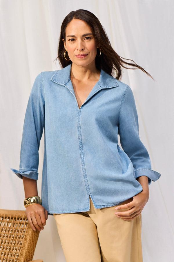 foxcroft Agnes Tencel® Denim 3/4 Sleeve Popover Shirt