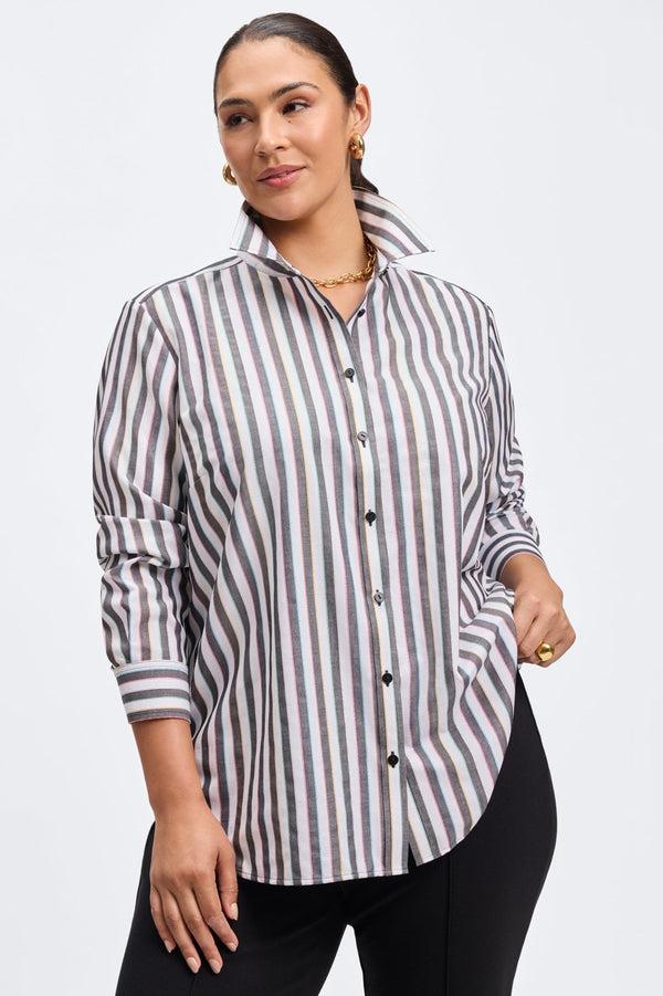 Foxcroft Boyfriend Plus Rainbow Lurex Stripe Long Sleeve Shirt