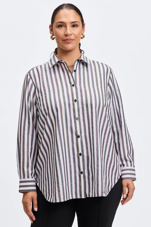 foxcroft Boyfriend Plus Rainbow Lurex Stripe Long Sleeve Shirt