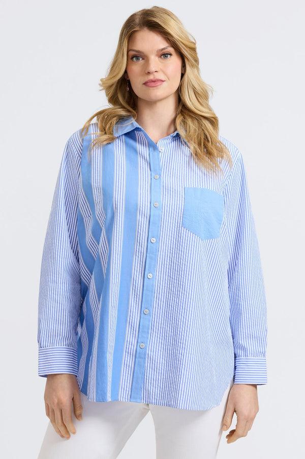 foxcroft Boyfriend Plus Seersucker Mixed Stripe Long Sleeve Tunic