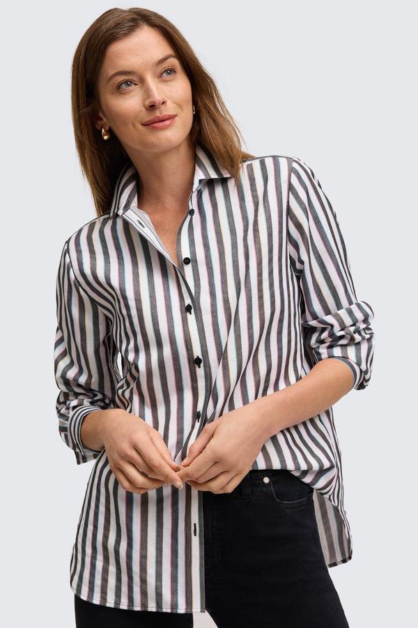 Foxcroft Boyfriend Rainbow Lurex Stripe Long Sleeve Shirt