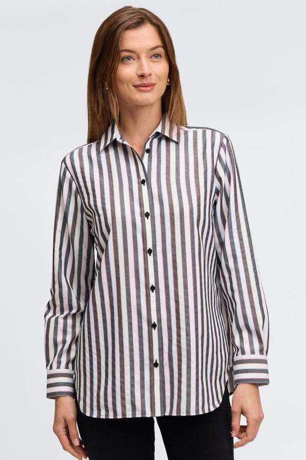 foxcroft Boyfriend Rainbow Lurex Stripe Long Sleeve Shirt
