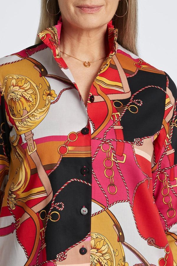 Foxcroft Carolina Buckle Scarf Print Long Sleeve Shirt Jacket