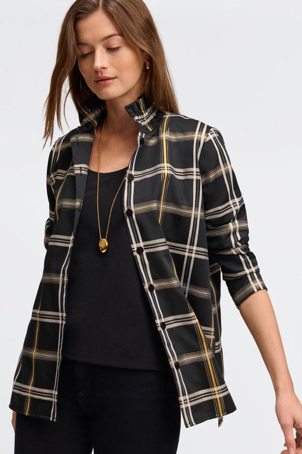 Foxcroft Carolina Gold & Silver Lurex Plaid Long Sleeve Shirt Jacket