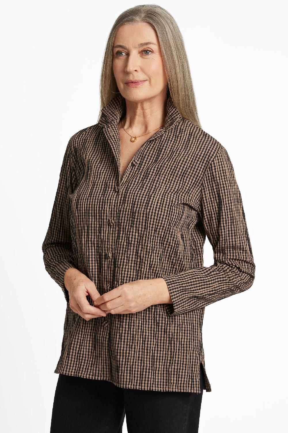 Foxcroft Carolina Mini Gingham Crinkle Long Sleeve Shirt Jacket