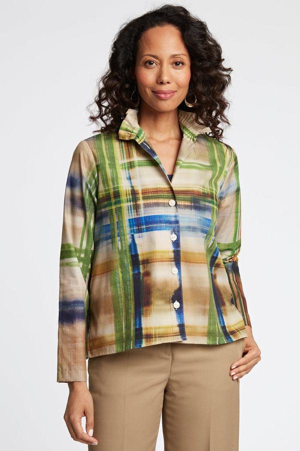 Foxcroft Carolina Painterly Plaid Long Sleeve Shirt Jacket