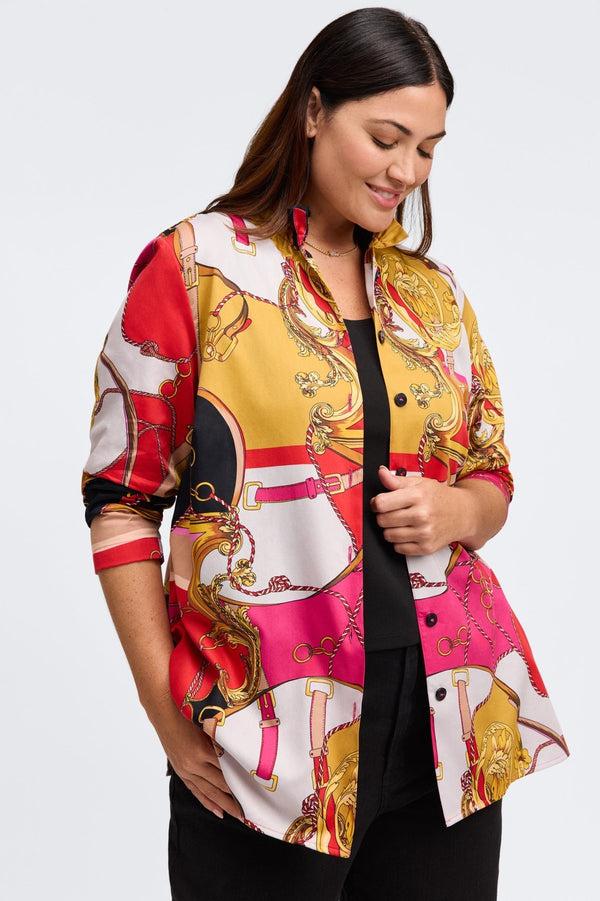 Foxcroft Carolina Plus Buckle Scarf Print Long Sleeve Shirt Jacket