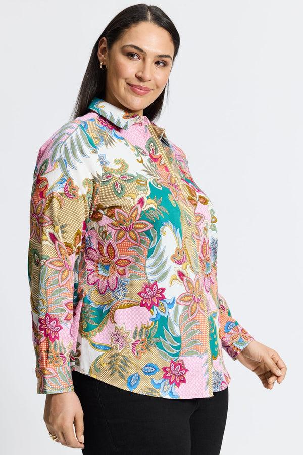 Foxcroft Charlie Plus Jacobean Floral Long Sleeve Shirt