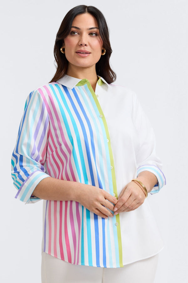 Foxcroft Charlie Plus No Iron Stretch Ombré Stripe 3/4 Sleeve Shirt