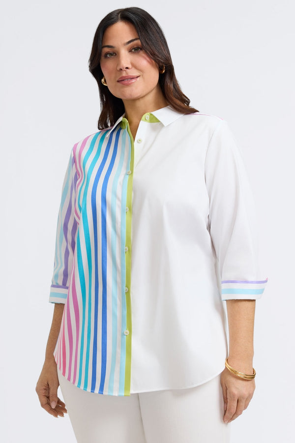 Foxcroft Charlie Plus No Iron Stretch Ombré Stripe 3/4 Sleeve Shirt