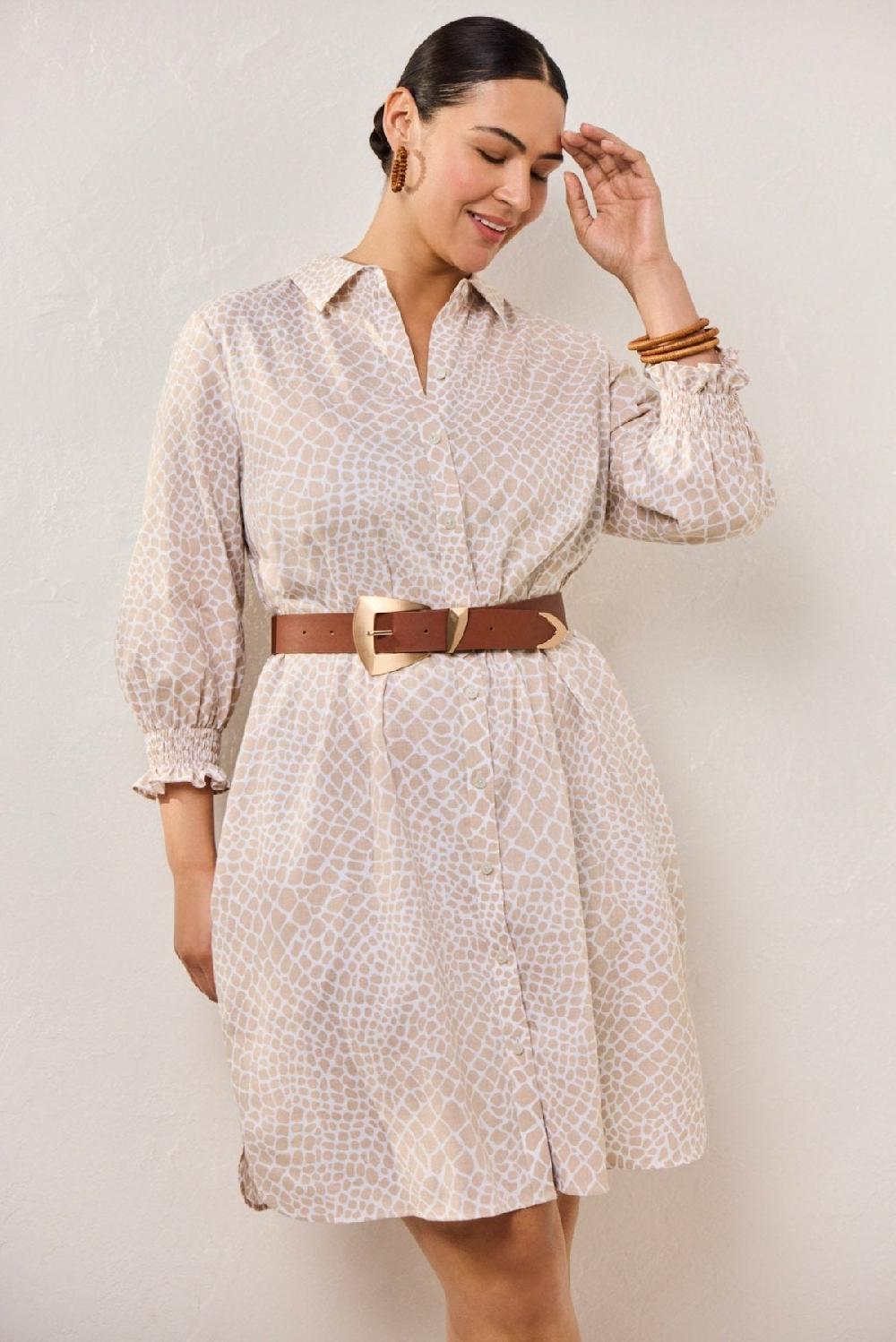 foxcroft Abby Plus Linen Giraffe 3/4 Sleeve Dress