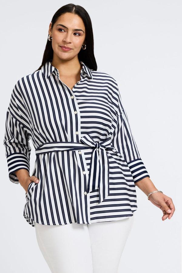 Foxcroft Avery Plus Double Stripe 3/4 Sleeve Shirt