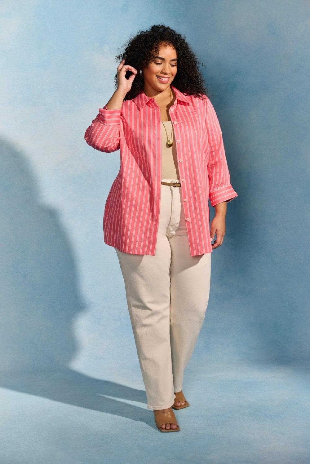 Foxcroft Evelyn Plus Rope Stripe 3/4 Sleeve Shirt