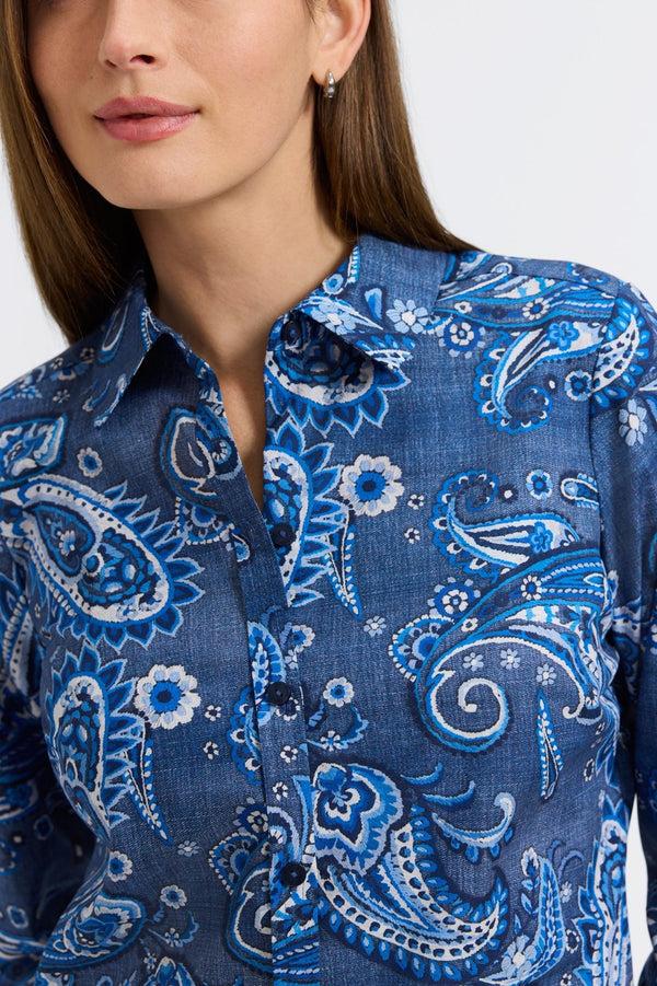 Foxcroft Hampton Denim Paisley Long Sleeve Shirt