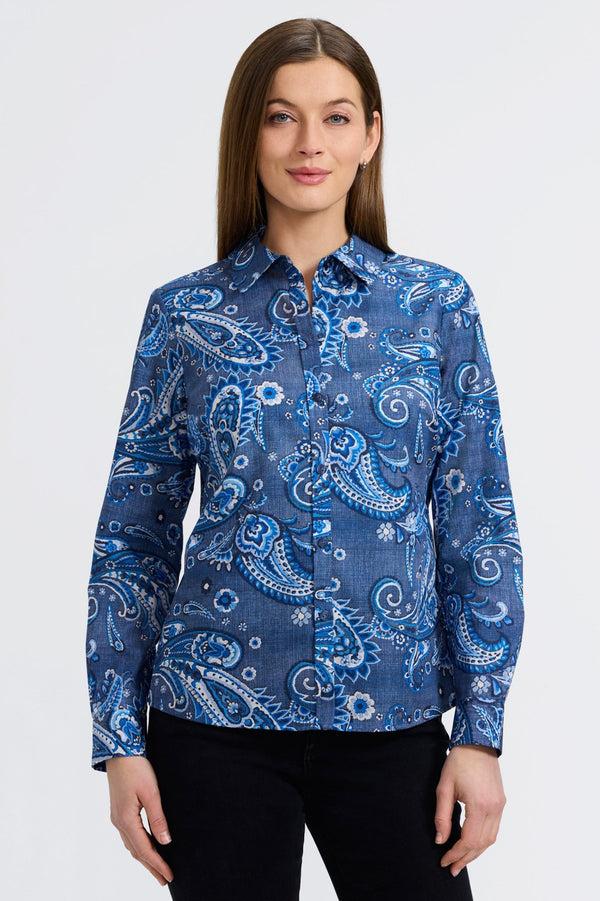 foxcroft Hampton Denim Paisley Long Sleeve Shirt