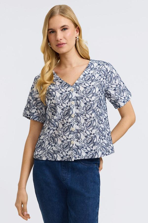 Foxcroft Isabel Allover Eyelet Elbow Sleeve Shirt
