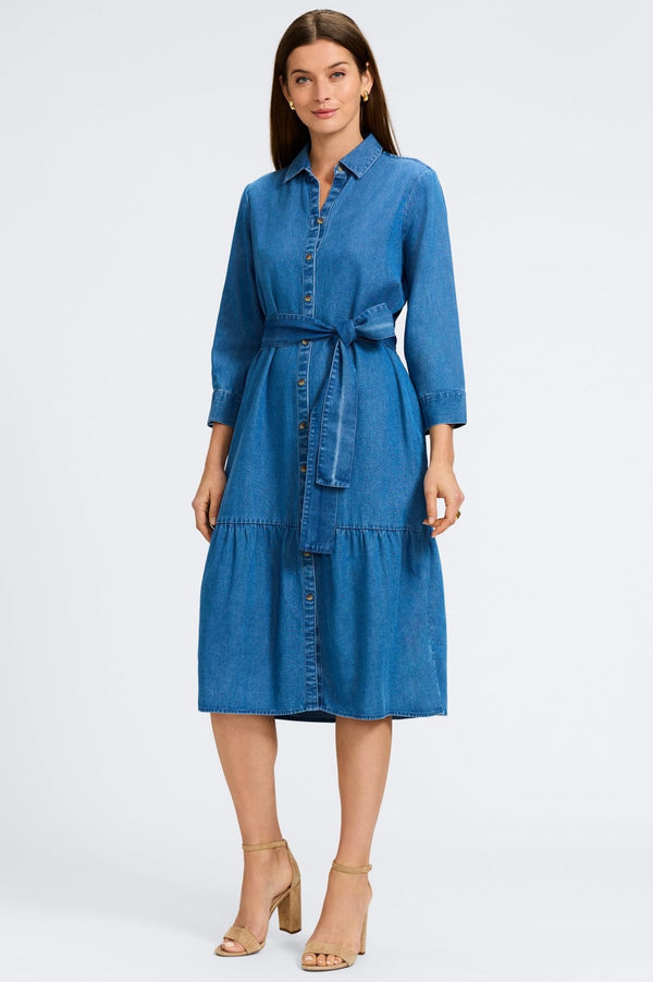 foxcroft Ivy Tencel® Denim 3/4 Sleeve Midi Dress