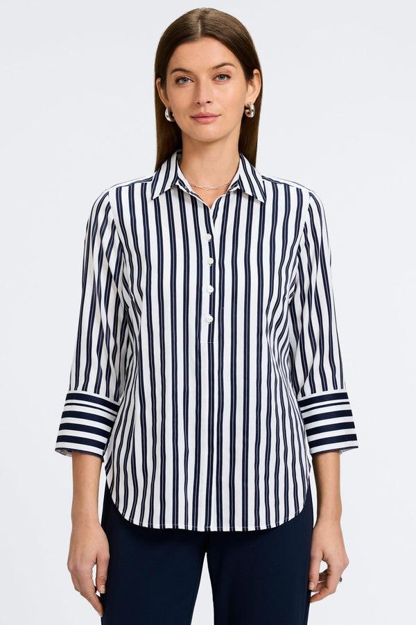 Foxcroft Madison Double Stripe 3/4 Sleeve Shirt