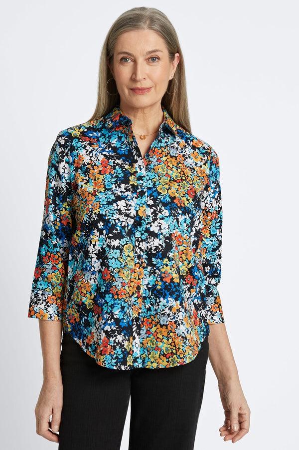 foxcroft Margie Floral Clusters 3/4 Sleeve Shirt