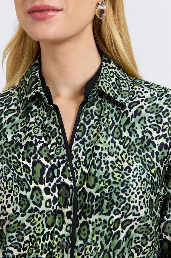 Foxcroft Marlee Green Leopard Long Sleeve Shirt