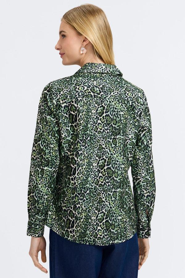 Foxcroft Marlee Green Leopard Long Sleeve Shirt