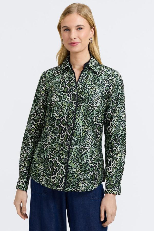 foxcroft Marlee Green Leopard Long Sleeve Shirt