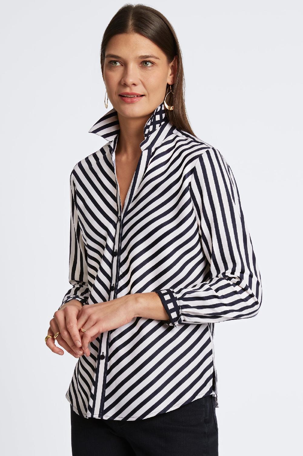 Foxcroft Mary Stripe & Gingham Long Sleeve Shirt