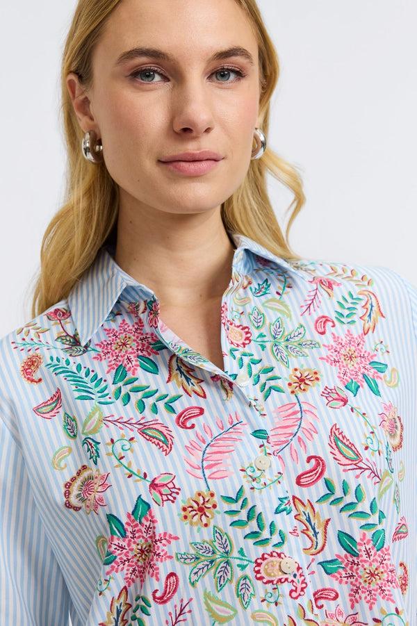 Foxcroft Meghan Striped Floral Long Sleeve Shirt