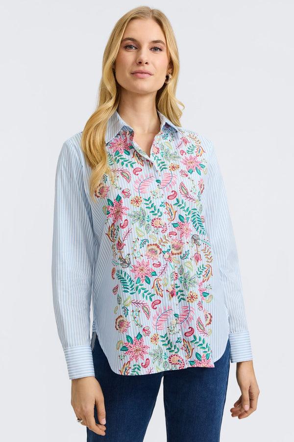 foxcroft Meghan Striped Floral Long Sleeve Shirt