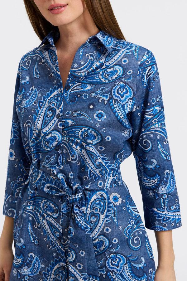 Foxcroft Rocca Denim Paisley 3/4 Sleeve Dress