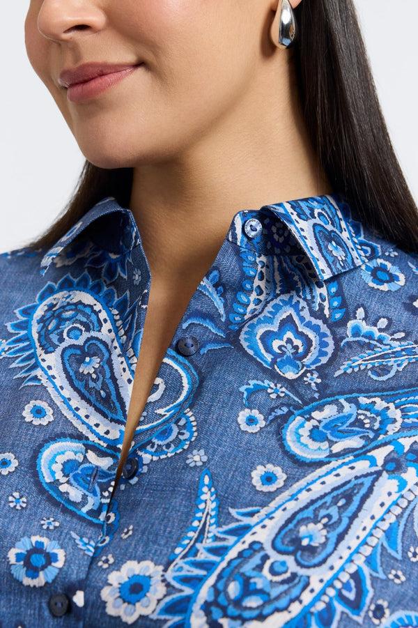 Foxcroft Rocca Plus Denim Paisley 3/4 Sleeve Dress