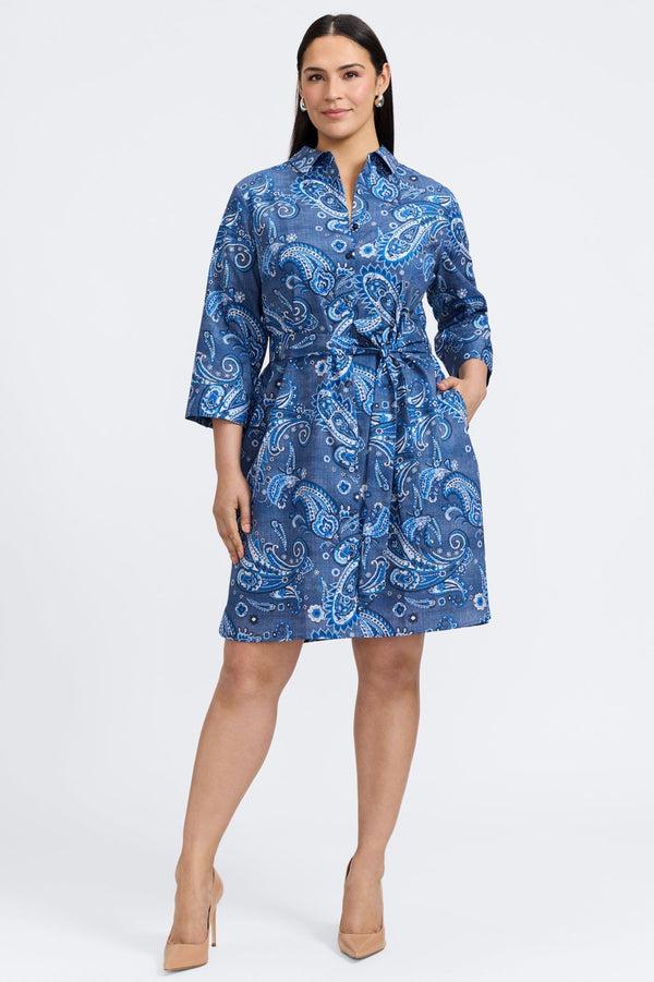 Foxcroft Rocca Plus Denim Paisley 3/4 Sleeve Dress