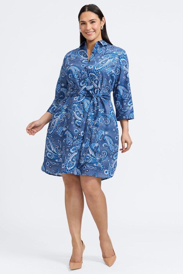 foxcroft Rocca Plus Denim Paisley 3/4 Sleeve Dress
