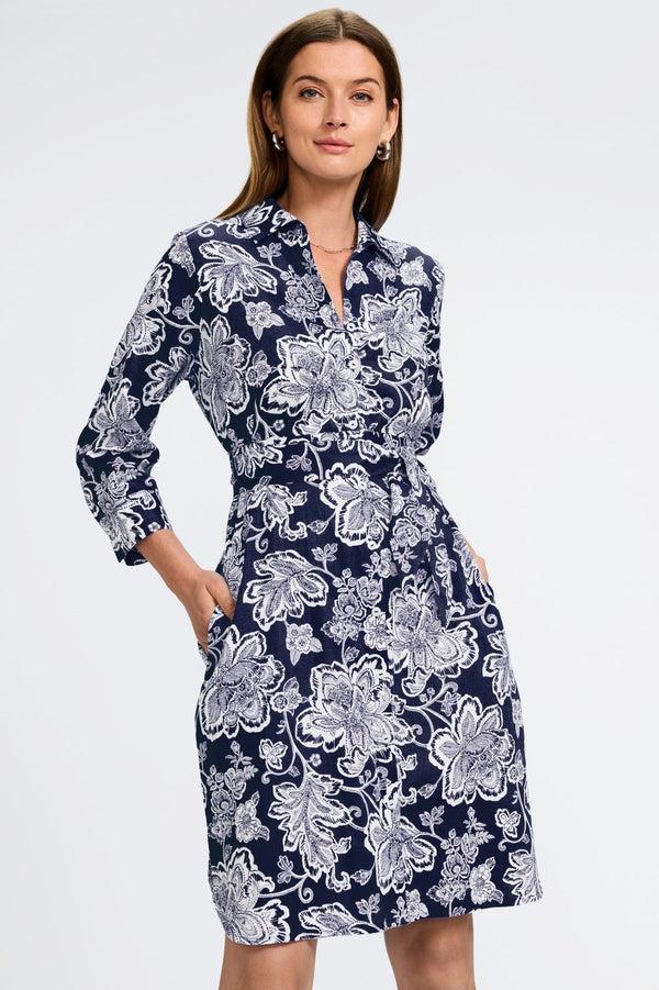 Foxcroft Rocca Woodblock Floral 3/4 Sleeve Dress