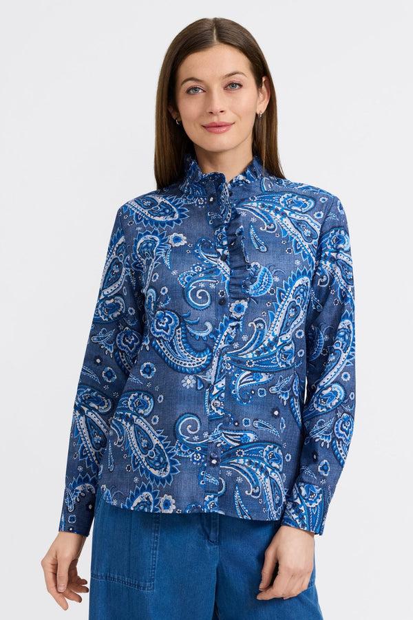 foxcroft Sadie Denim Paisley Long Sleeve Shirt