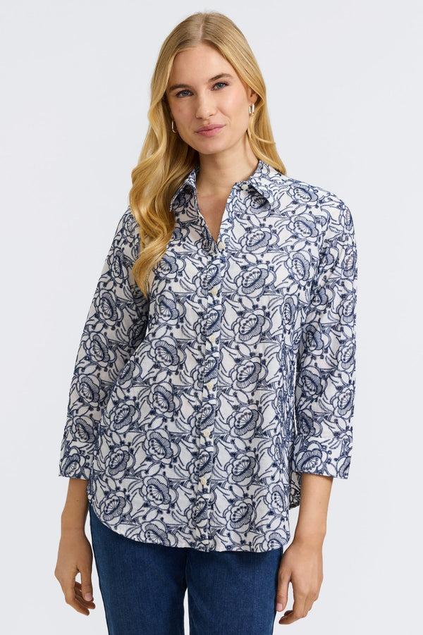 Foxcroft Zoey Allover Eyelet 3/4 Sleeve Shirt