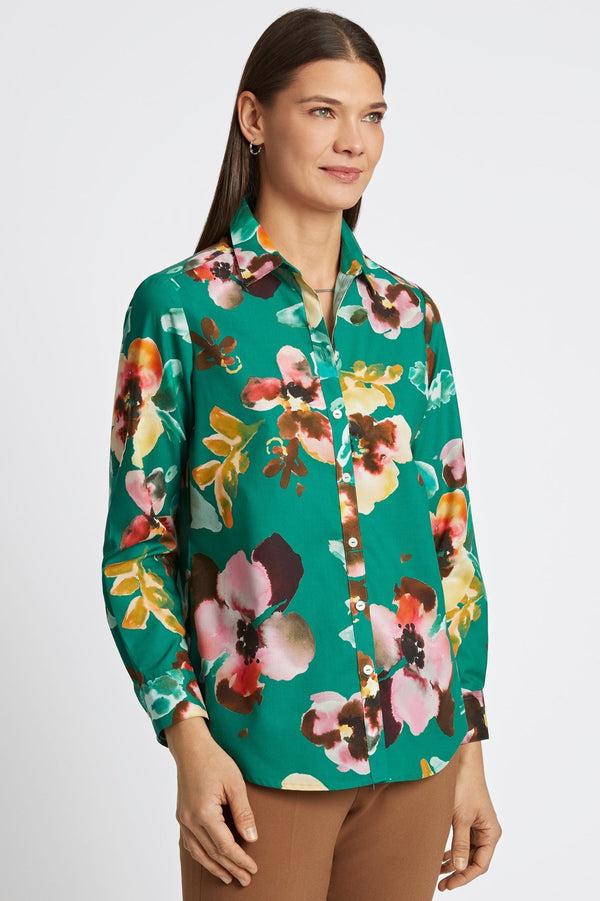 Foxcroft Zoey Watercolor Floral Long Sleeve Shirt