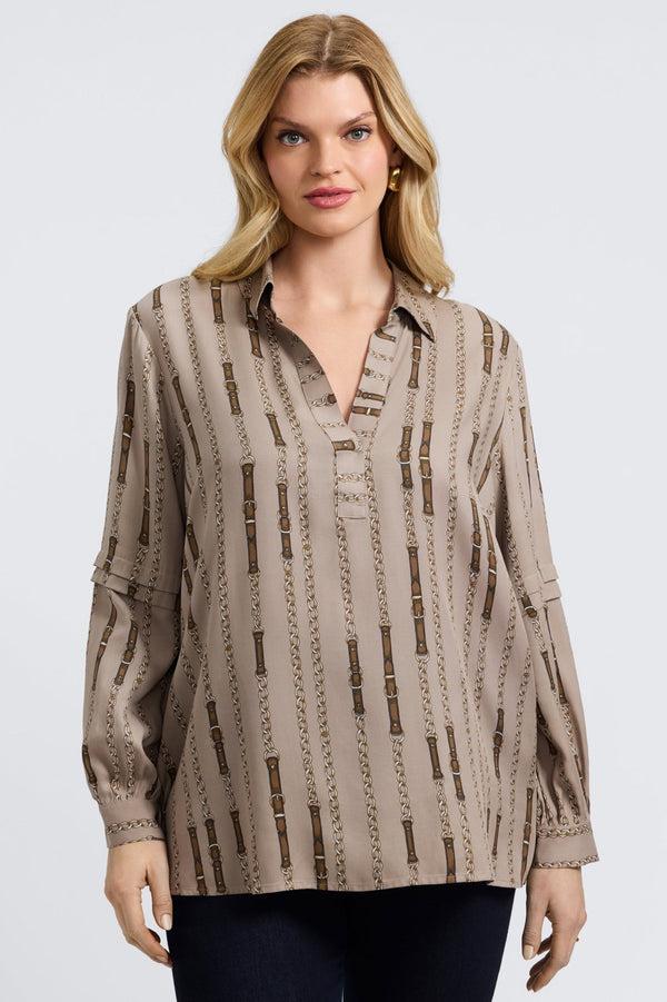 foxcroft Frankie Plus Chain Stripe Long Sleeve Popover Shirt