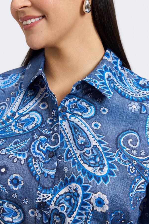 Foxcroft Hampton Plus Denim Paisley Long Sleeve Shirt