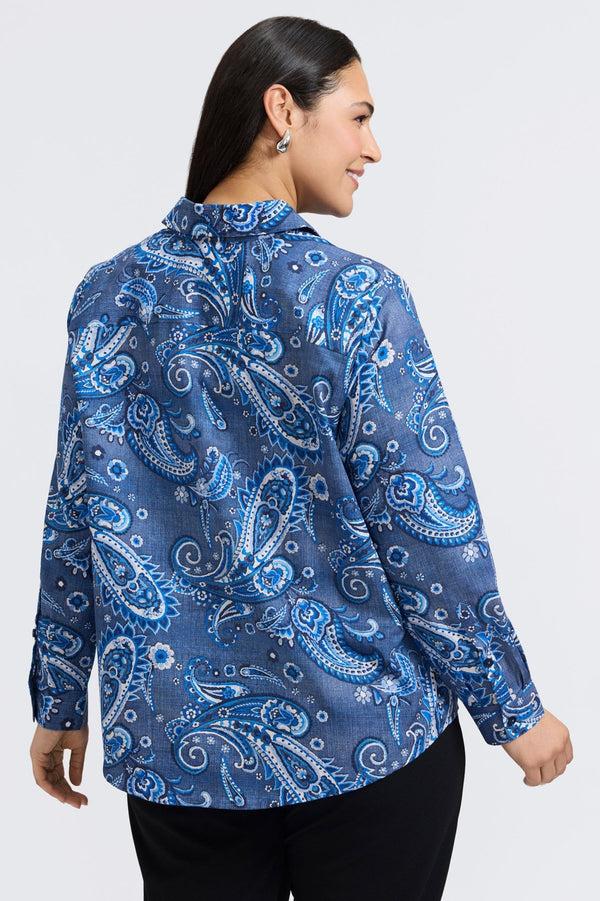 Foxcroft Hampton Plus Denim Paisley Long Sleeve Shirt