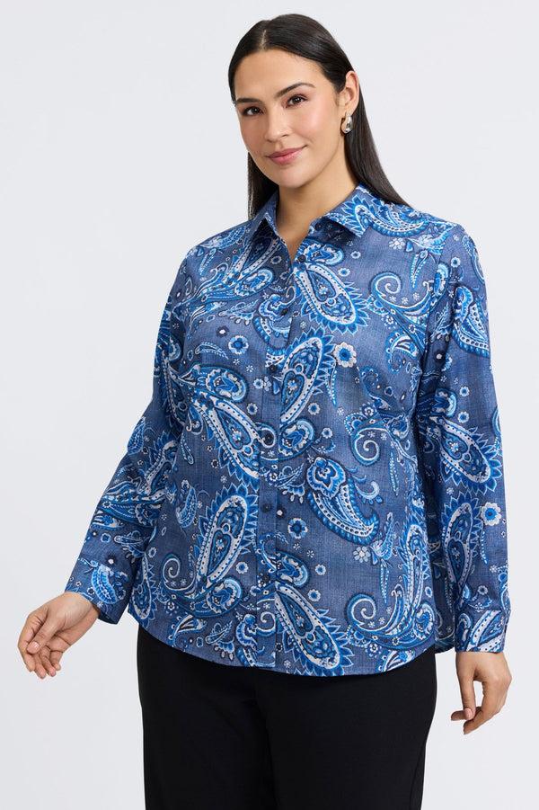 foxcroft Hampton Plus Denim Paisley Long Sleeve Shirt