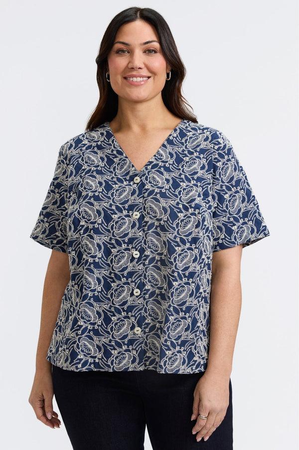 Foxcroft Isabel Plus Allover Eyelet Elbow Sleeve Shirt