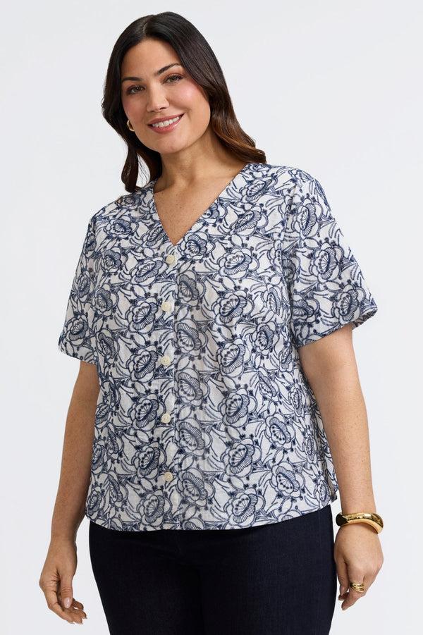 foxcroft Isabel Plus Allover Eyelet Elbow Sleeve Shirt