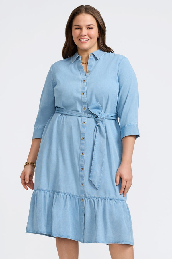 foxcroft Ivy Plus Tencel® Denim 3/4 Sleeve Midi Dress