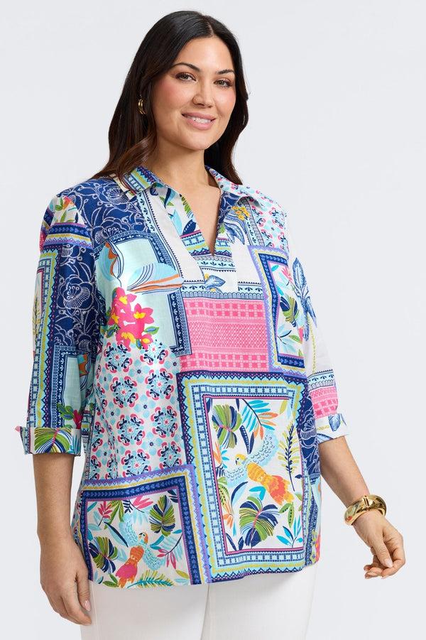 Foxcroft Julia Plus Island Conversational 3/4 Sleeve Popover Shirt