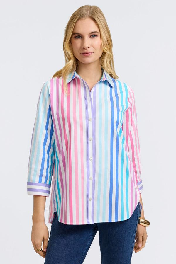 Foxcroft Juliet No Iron Stretch Matte Sateen Ombré Stripe 3/4 Sleeve Shirt