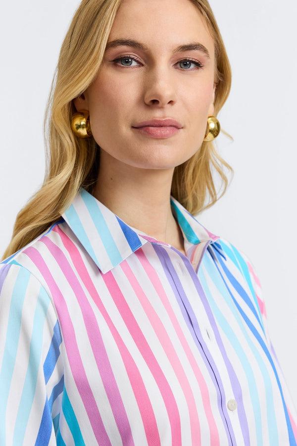 Foxcroft Juliet No Iron Stretch Matte Sateen Ombré Stripe 3/4 Sleeve Shirt