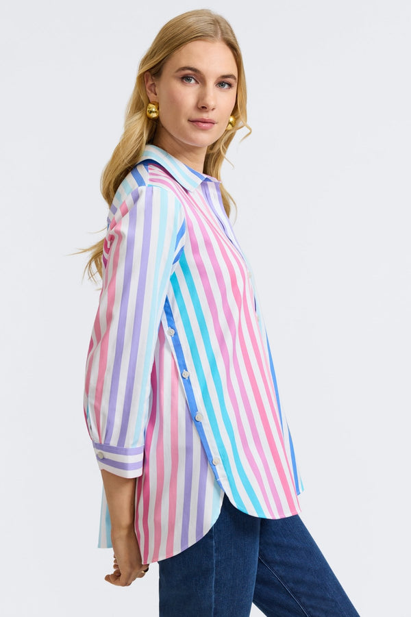 Foxcroft Juliet No Iron Stretch Matte Sateen Ombré Stripe 3/4 Sleeve Shirt