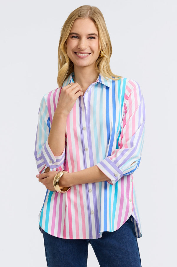 foxcroft Juliet No Iron Stretch Matte Sateen Ombré Stripe 3/4 Sleeve Shirt